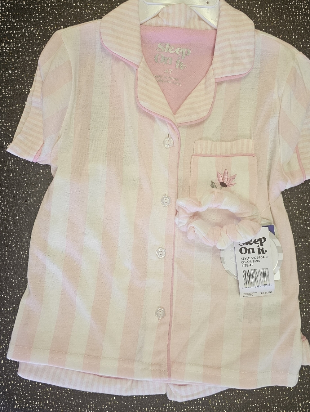 100% POLYESTER - Pink and White Striped Pajama Set with Hair Tye